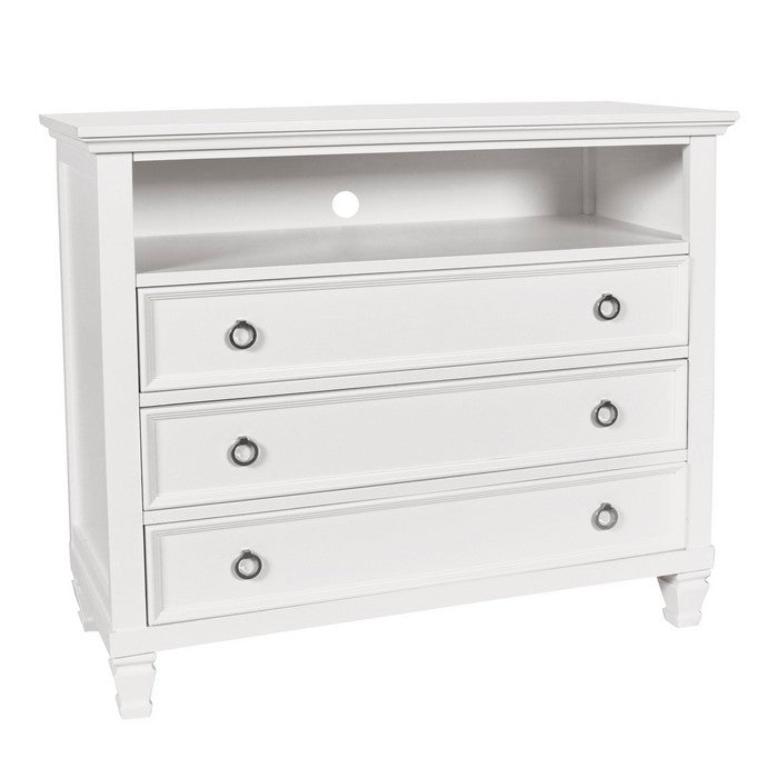Transitional Style 3 Drawer Wood Media Chest with Open Compartment, White