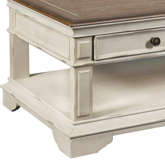 Farmhouse Cocktail Table with 2 Drawers and Open Bottom Shelf,Antique white