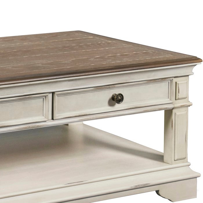 Farmhouse Cocktail Table with 2 Drawers and Open Bottom Shelf,Antique white