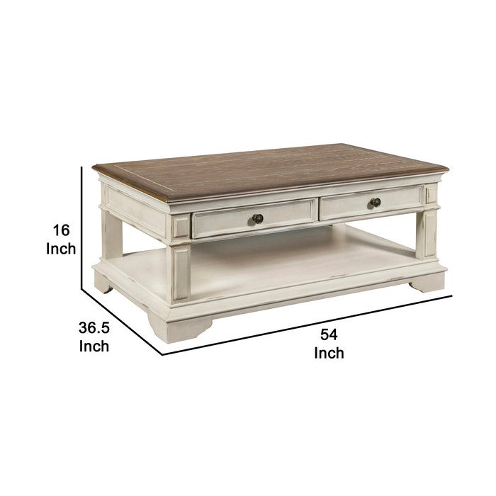 Farmhouse Cocktail Table with 2 Drawers and Open Bottom Shelf,Antique white