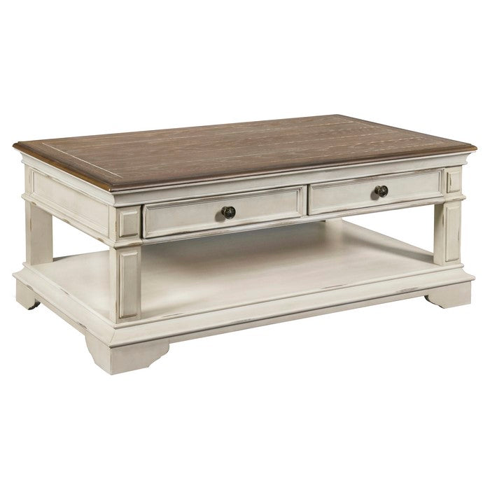 Farmhouse Cocktail Table with 2 Drawers and Open Bottom Shelf,Antique white