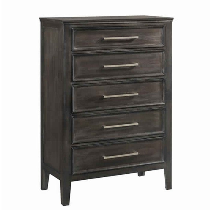 Transitional 5 Drawer Wood Chest with Molded Details, Weathered Brown