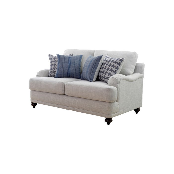 Fabric Upholstered Loveseat with Sloped Armrests and Turned Legs,Light Gray