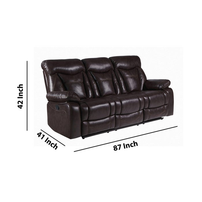 Leatherette Sofa with Wall Hugger Mechanism and Pillow Top Armrests, Brown