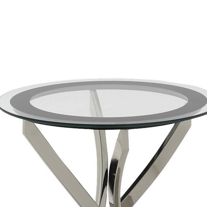 Round Tempered Glass Top End Table with Curved Metal Legs, Silver and Clear