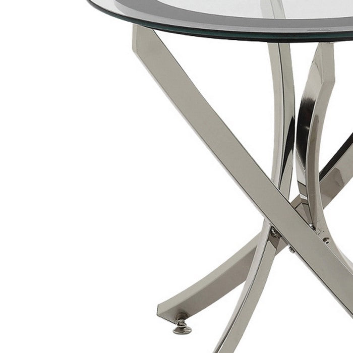 Round Tempered Glass Top End Table with Curved Metal Legs, Silver and Clear
