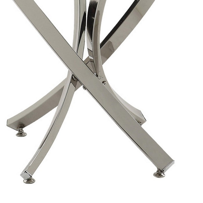 Round Tempered Glass Top End Table with Curved Metal Legs, Silver and Clear