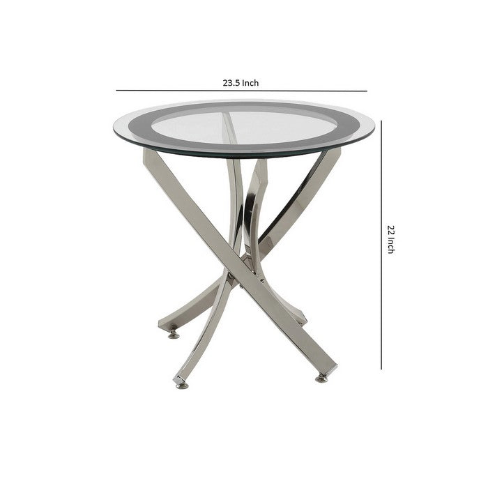 Round Tempered Glass Top End Table with Curved Metal Legs, Silver and Clear
