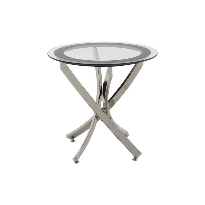 Round Tempered Glass Top End Table with Curved Metal Legs, Silver and Clear