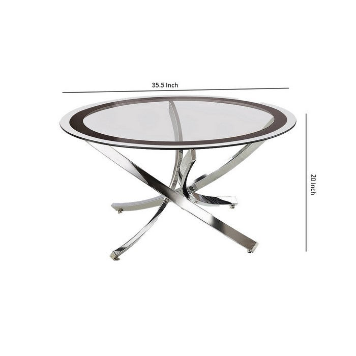 Round Tempered Glass Top Coffee Table with Metal Legs, Silver and Clear
