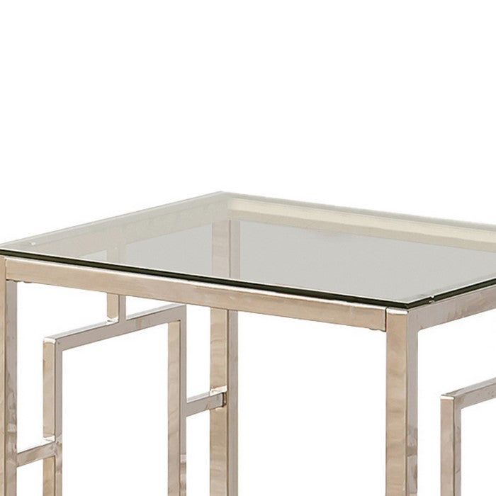 Tempered Glass Top End Table with Lattice Cut Out Panels, Silver and Clear