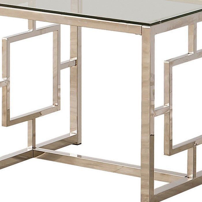 Tempered Glass Top End Table with Lattice Cut Out Panels, Silver and Clear