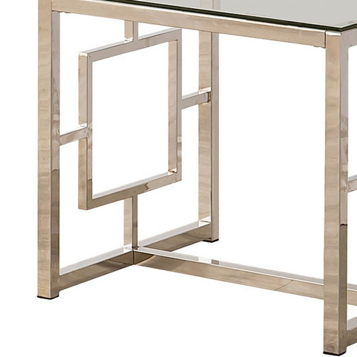 Tempered Glass Top End Table with Lattice Cut Out Panels, Silver and Clear
