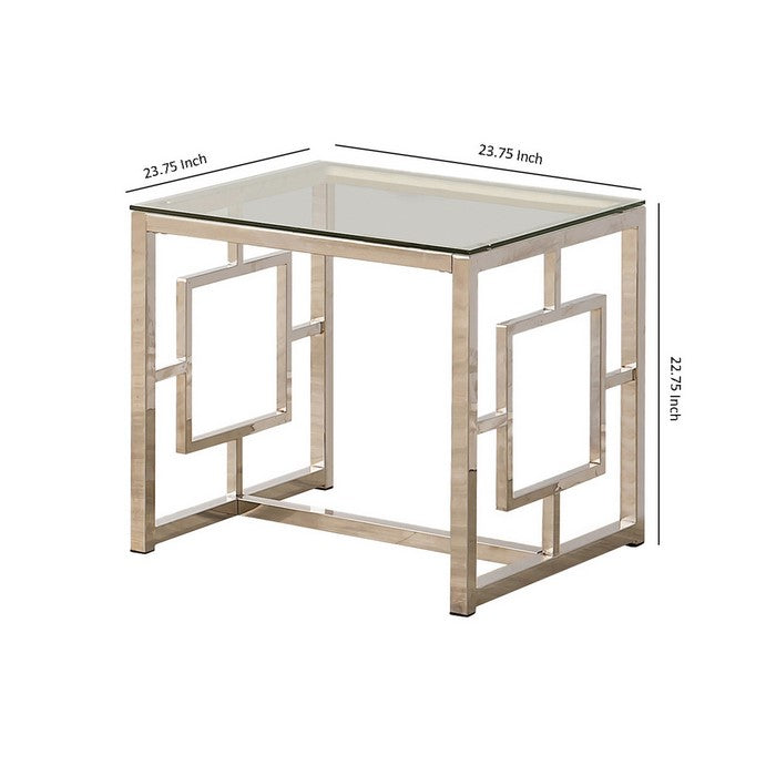 Tempered Glass Top End Table with Lattice Cut Out Panels, Silver and Clear