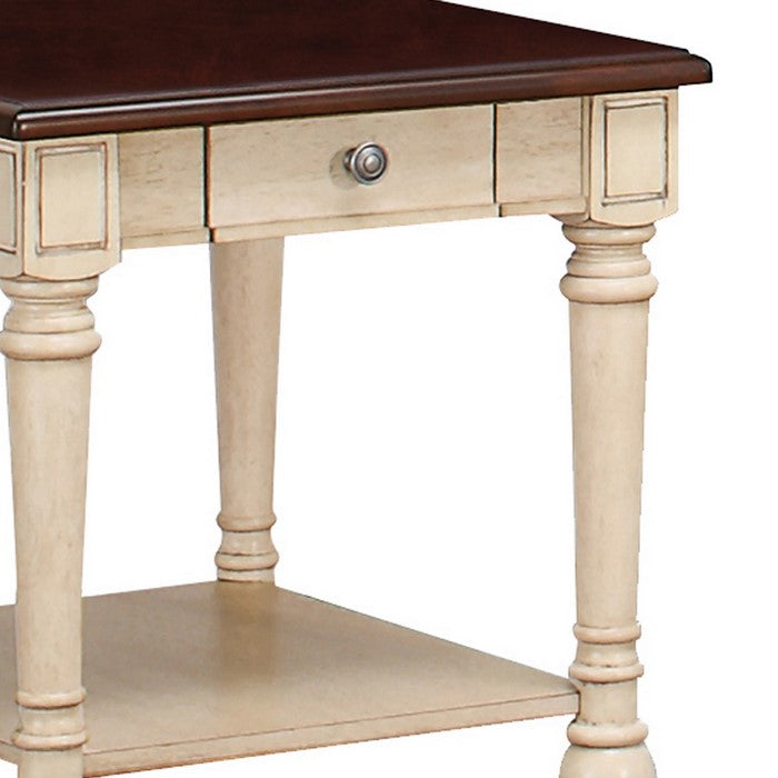 1 Drawer Wooden End Table with Turned Legs, Brown and Antique White