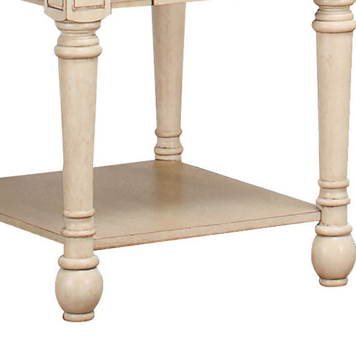 1 Drawer Wooden End Table with Turned Legs, Brown and Antique White