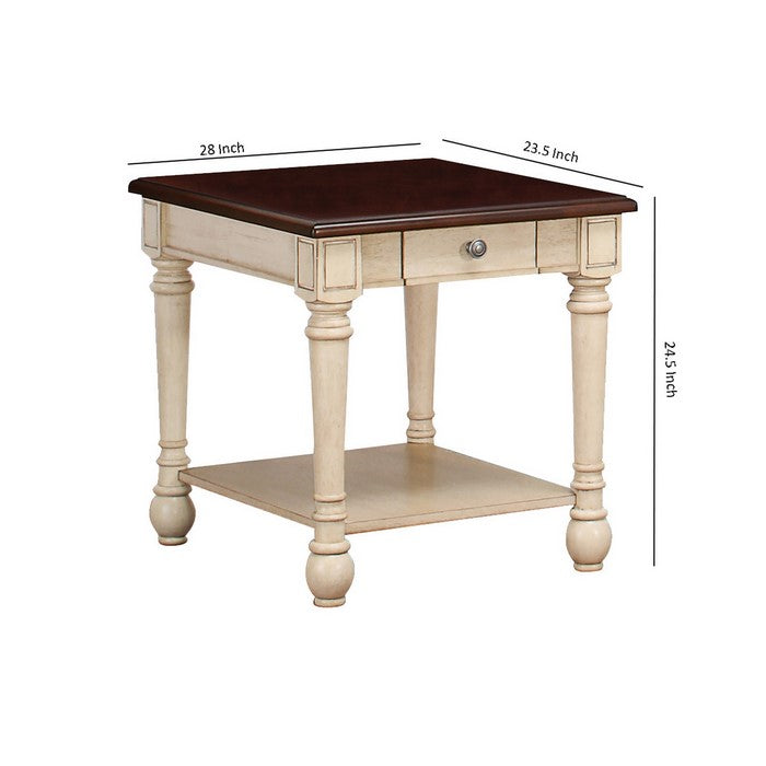 1 Drawer Wooden End Table with Turned Legs, Brown and Antique White