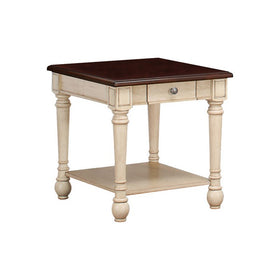 1 Drawer Wooden End Table with Turned Legs, Brown and Antique White