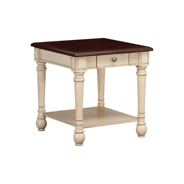 1 Drawer Wooden End Table with Turned Legs, Brown and Antique White