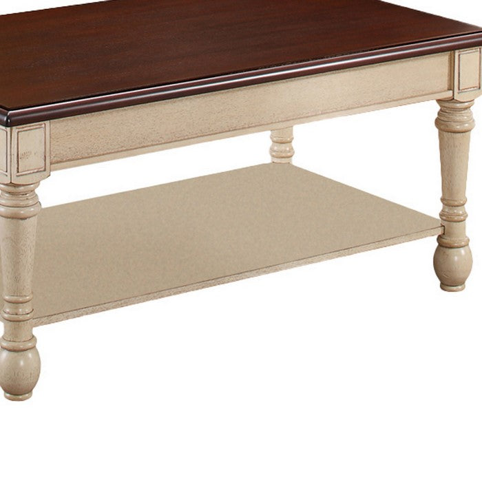 Wooden Frame Coffee Table with Turned Legs, Brown and Antique White