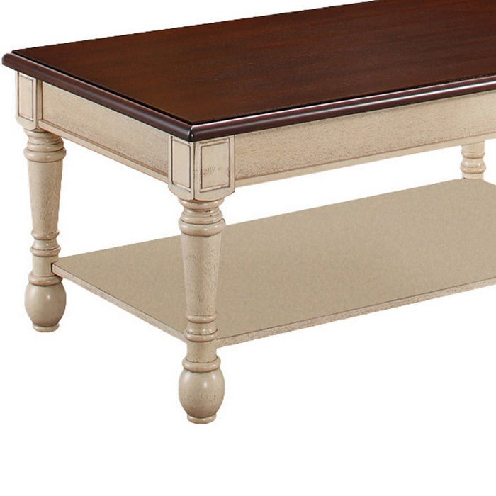 Wooden Frame Coffee Table with Turned Legs, Brown and Antique White