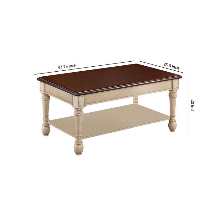 Wooden Frame Coffee Table with Turned Legs, Brown and Antique White