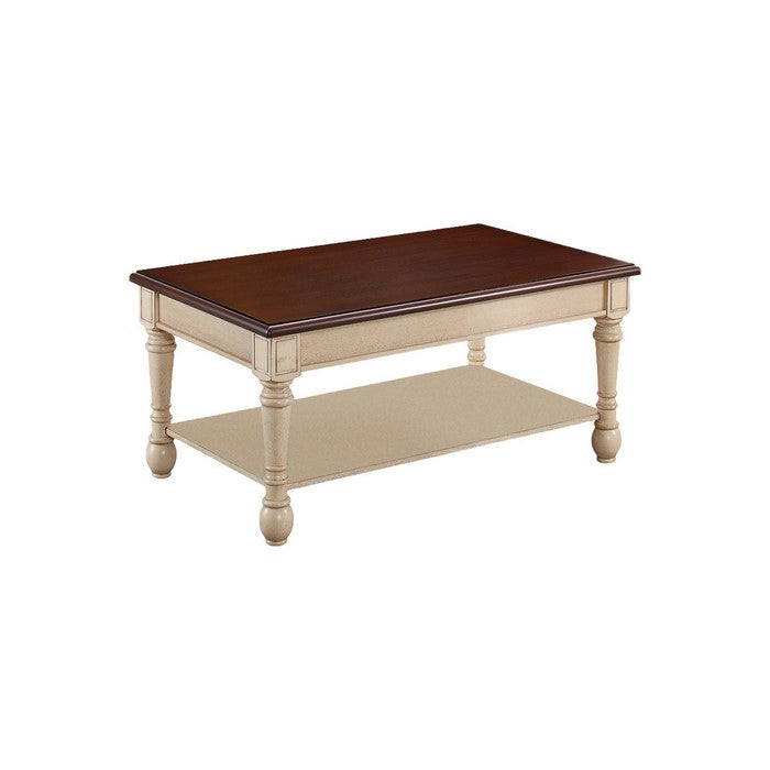 Wooden Frame Coffee Table with Turned Legs, Brown and Antique White