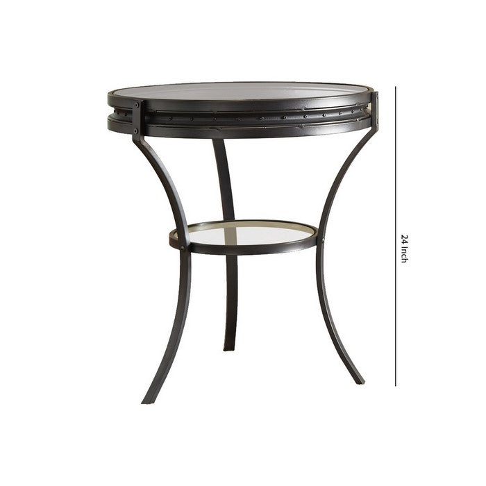 Glass Top Metal Frame End Table with Bottom Shelf, Black and Clear
