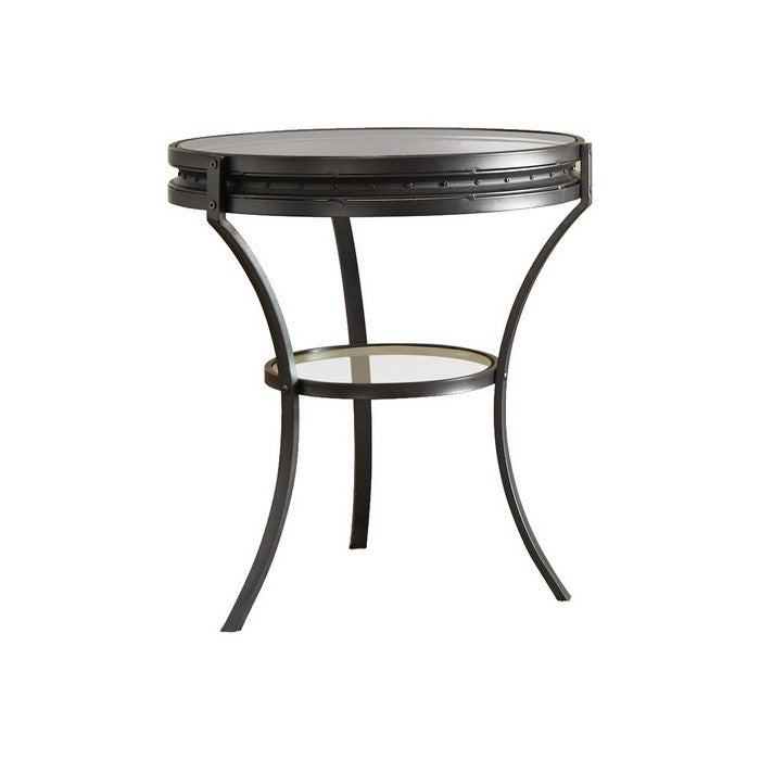 Glass Top Metal Frame End Table with Bottom Shelf, Black and Clear