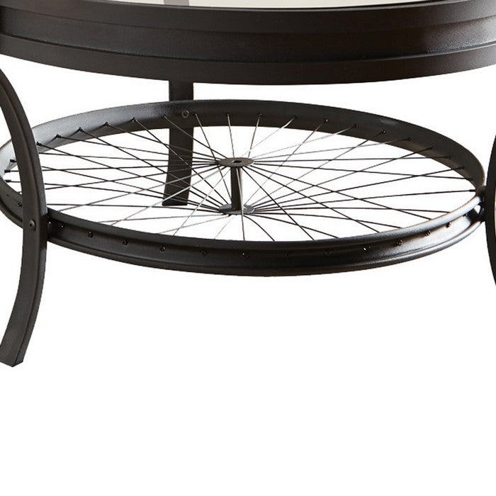 Glass Top Metal Coffee Table with Bike Spokes Design Bottom,Black and Clear