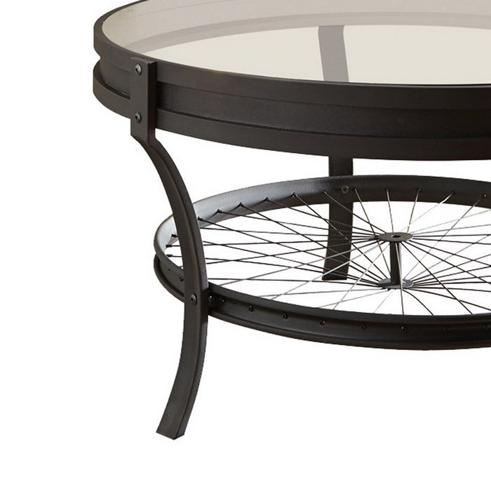 Glass Top Metal Coffee Table with Bike Spokes Design Bottom,Black and Clear