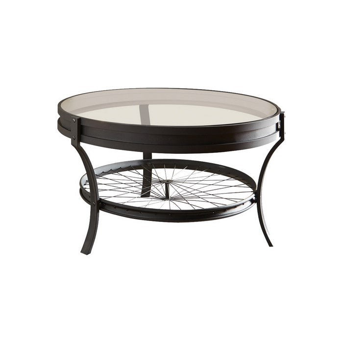 Glass Top Metal Coffee Table with Bike Spokes Design Bottom,Black and Clear
