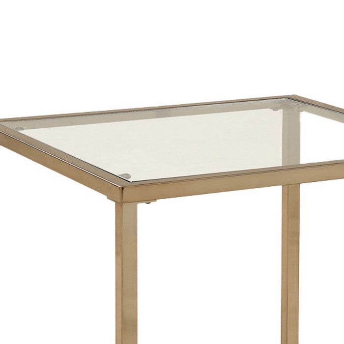 Glass Top End Table with Metal Frame and Open Shelf, Brass