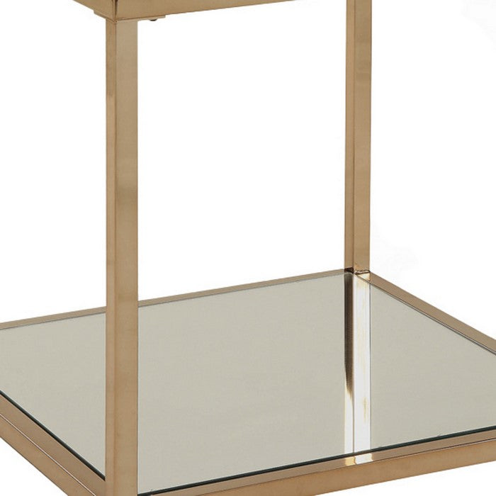 Glass Top End Table with Metal Frame and Open Shelf, Brass