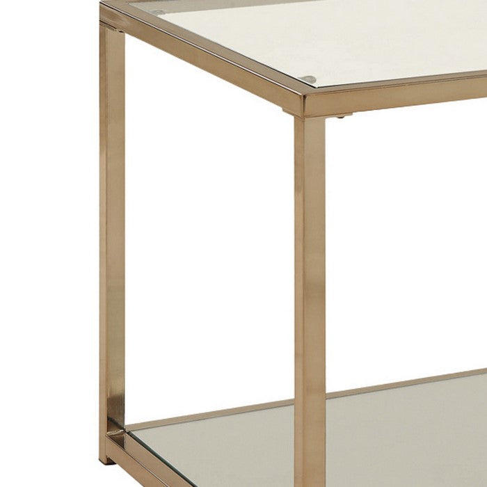 Glass Top End Table with Metal Frame and Open Shelf, Brass