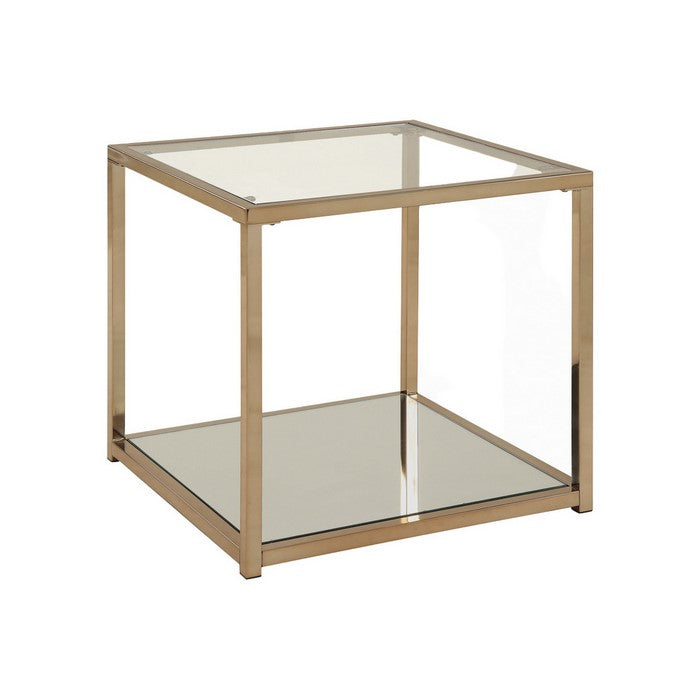 Glass Top End Table with Metal Frame and Open Shelf, Brass