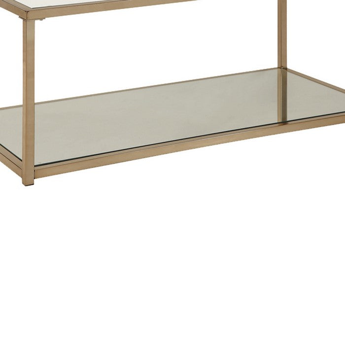 Glass Top Coffee Table with Metal Frame and Open Shelf, Brass
