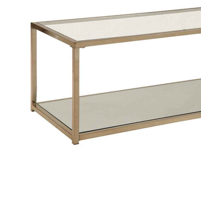 Glass Top Coffee Table with Metal Frame and Open Shelf, Brass