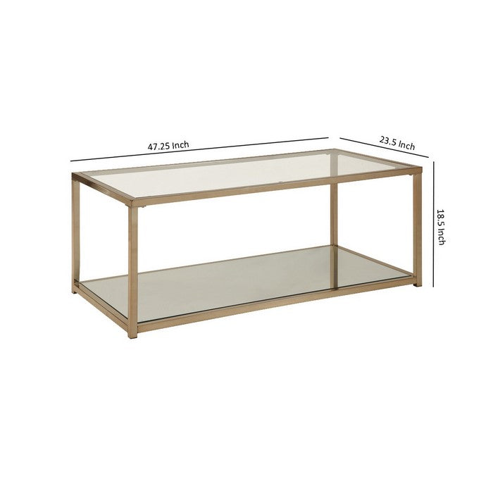 Glass Top Coffee Table with Metal Frame and Open Shelf, Brass