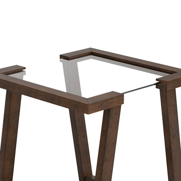Tempered Glass Top End Table with Symmetrical Wooden Base, Brown