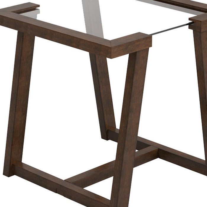 Tempered Glass Top End Table with Symmetrical Wooden Base, Brown