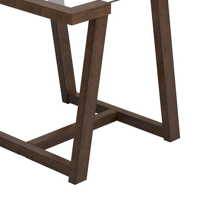 Tempered Glass Top End Table with Symmetrical Wooden Base, Brown