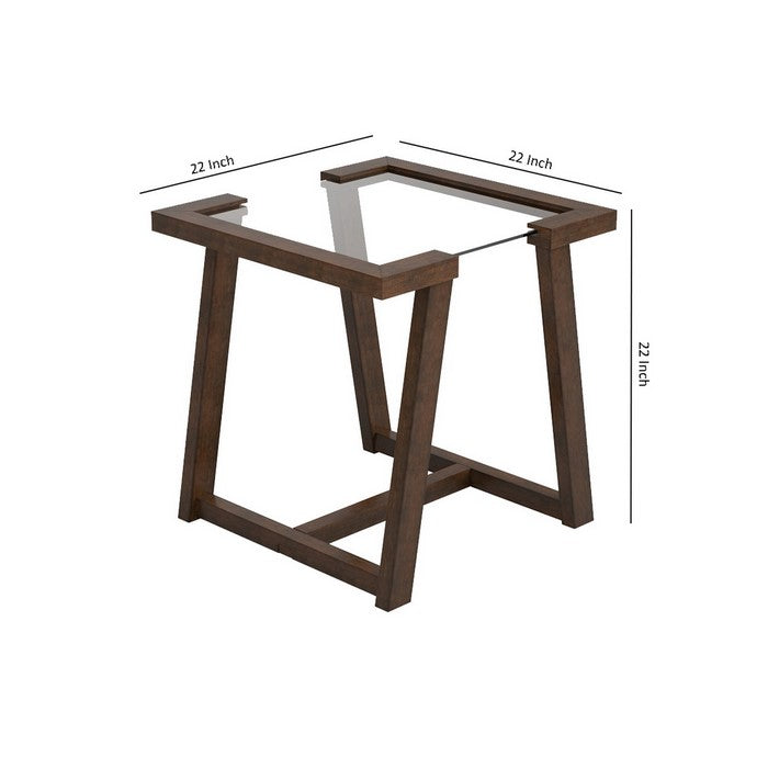 Tempered Glass Top End Table with Symmetrical Wooden Base, Brown