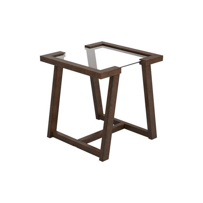Tempered Glass Top End Table with Symmetrical Wooden Base, Brown