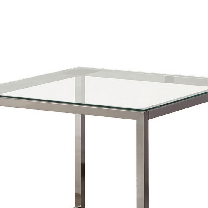 Glass Top End Table with Metal Frame and Open Shelf, Silver