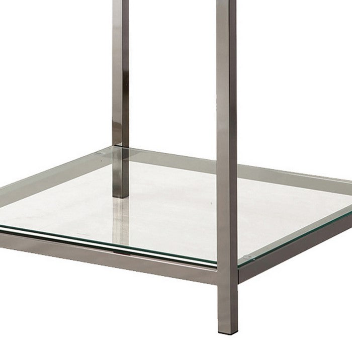 Glass Top End Table with Metal Frame and Open Shelf, Silver