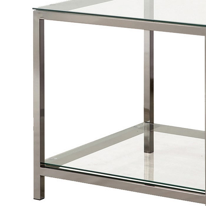 Glass Top End Table with Metal Frame and Open Shelf, Silver