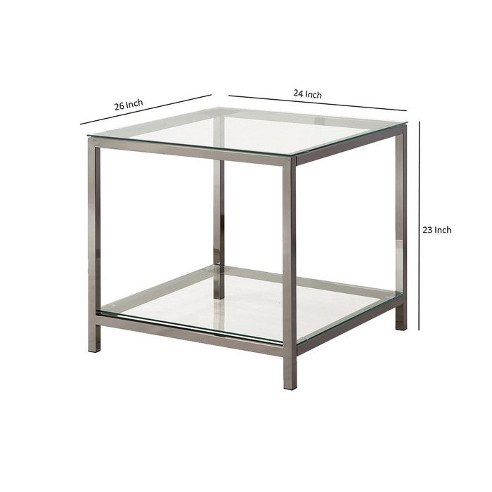 Glass Top End Table with Metal Frame and Open Shelf, Silver