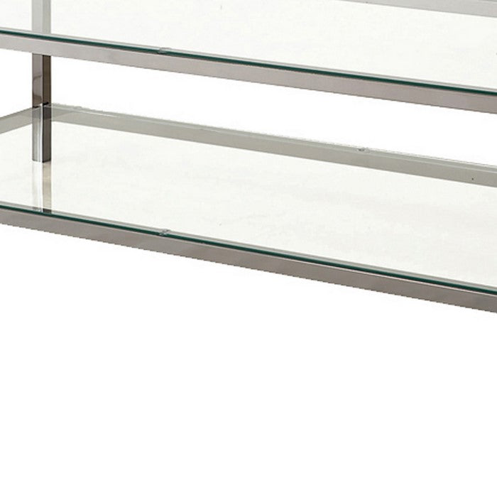 Glass Top Coffee Table with Metal Frame and Open Shelf, Silver