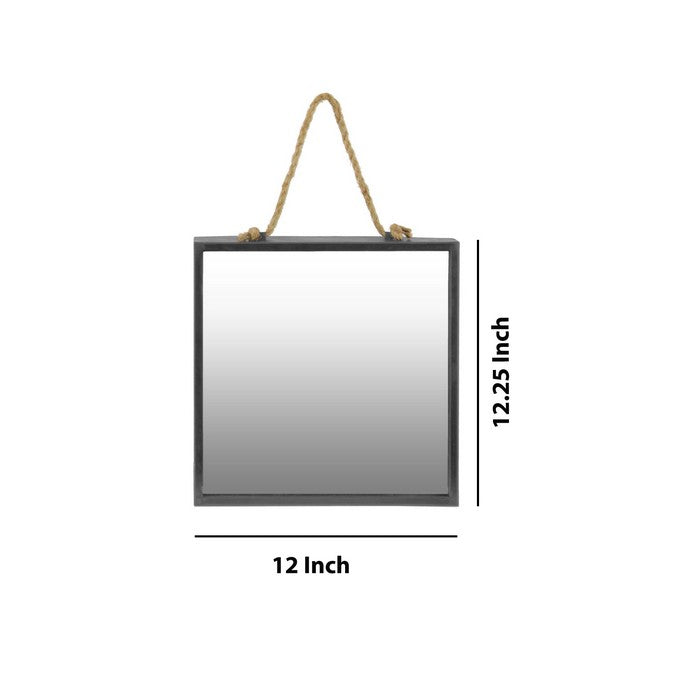 Metal Frame Square Wall Mirror with Rope Hanger, Set of 2, Gunmetal Gray